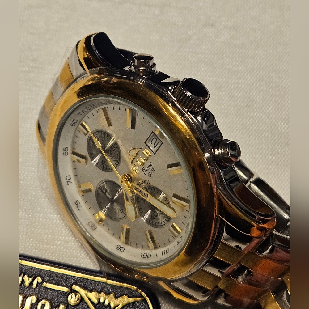 Fuji Designer Timepiece Men's Stainless Steel Plated in 18K 2 Tone Gold Watch - Picture 6 of 9